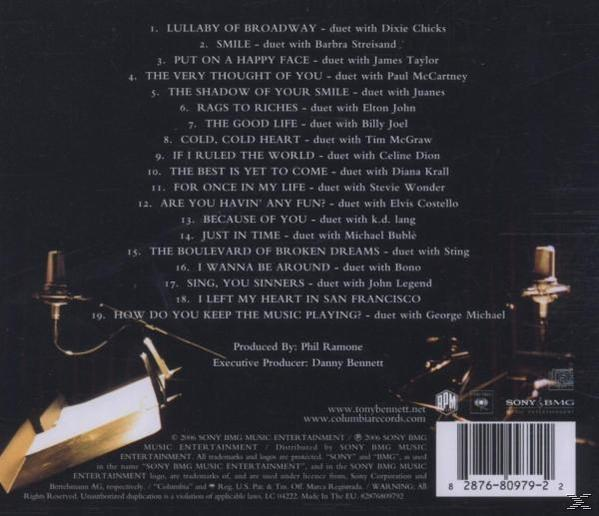 CD-Rückseite. Titelliste. Verschiedene Duette. Dunkler Hintergrund mit Musikinstrumenten.