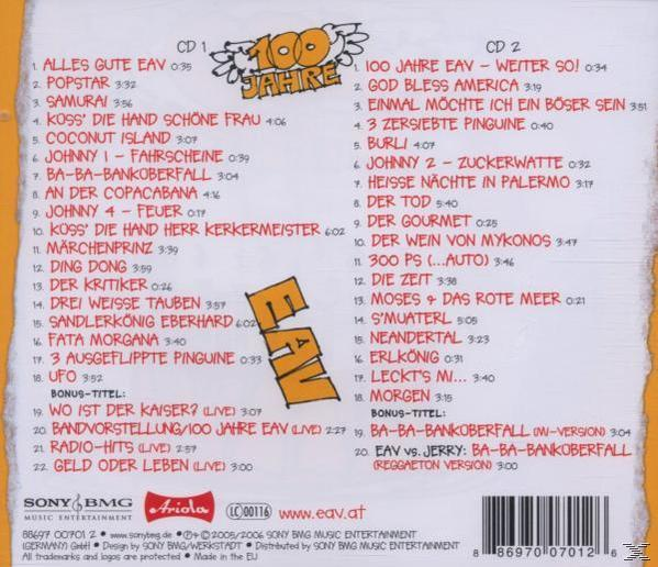 CD-Cover mit Titelliste, Text '100 Jahre EAV'. Weißer Hintergrund, verschiedene Logos und Text.