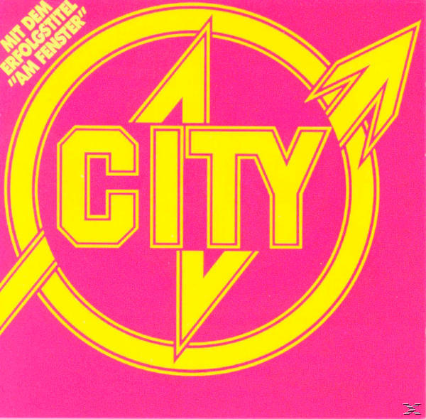 Albumcover mit gelbem Text und Pfeildesign auf pinkfarbenem Hintergrund; das Wort CITY ist prominent.