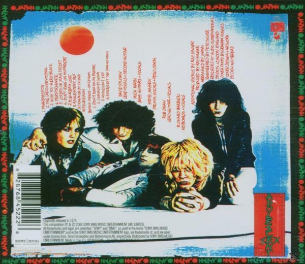Album-Rückseite mit Bandmitgliedern, Titelliste und Credits, roter japanischer Stil-Rand.