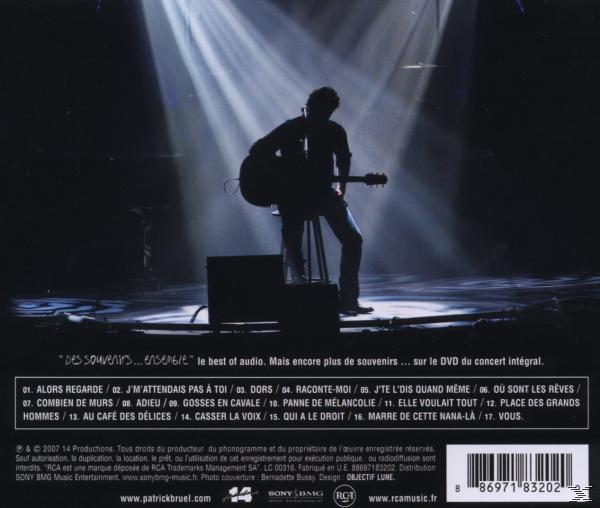 CD-Rückseite. Eine Silhouette eines Mannes mit Gitarre auf der Bühne. Dunkler Hintergrund.