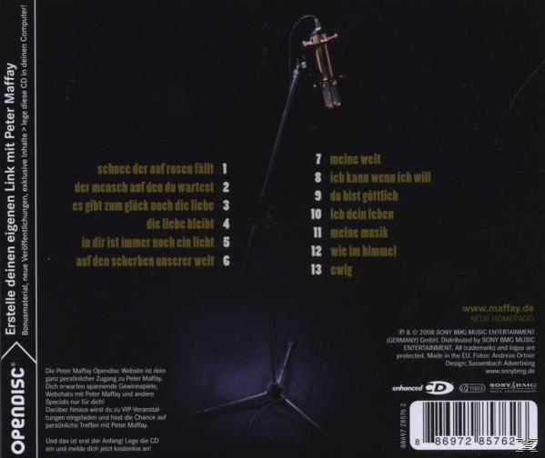 Albumrückseite mit Text auf Deutsch und dem Bild eines Mikrofons auf einem Ständer.