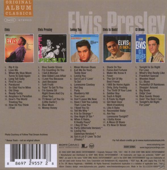 Albumcover mit Elvis Presley und mehreren Albumcovern.