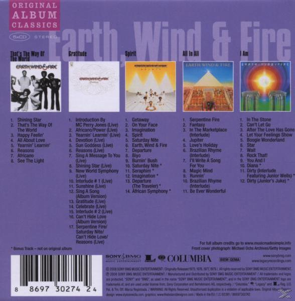 Rückseite einer CD-Hülle mit Albumcovern und Text über Earth, Wind & Fire.