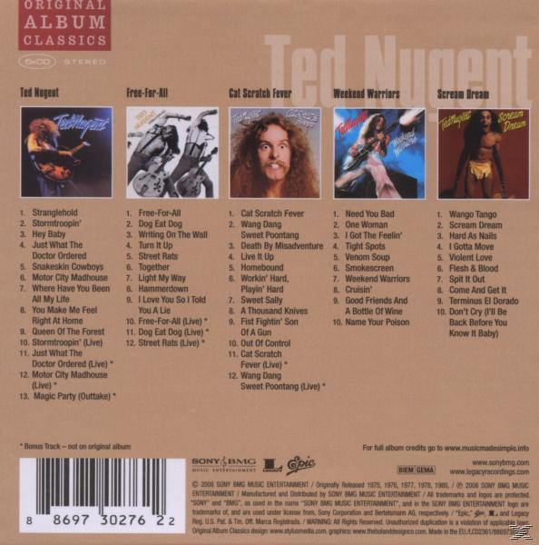 Albumcover-Kunst mit Ted Nugent-Albumcovern, die zusammen mit dem Albumtitel angeordnet sind.