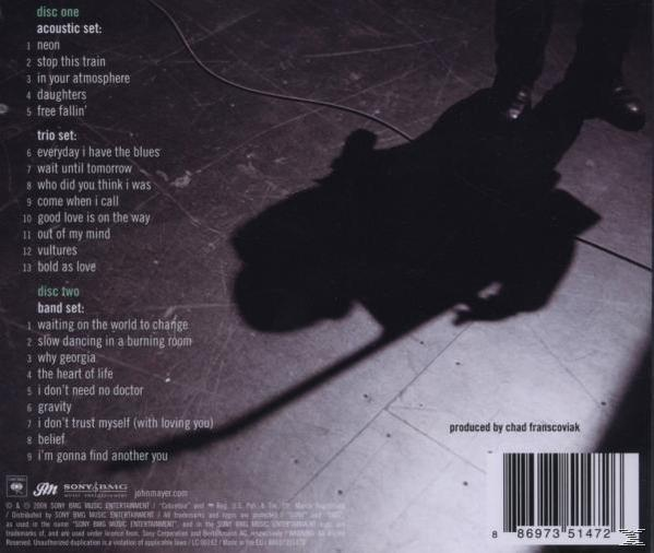Albumcover mit dunklem Hintergrund, Schatten einer Person und Trackliste. John Mayer.
