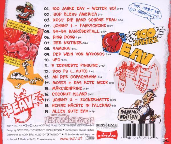 Rückseite einer CD-Hülle mit Cartoon-Illustrationen und deutschen Titeln. Rotes und weißes Design.