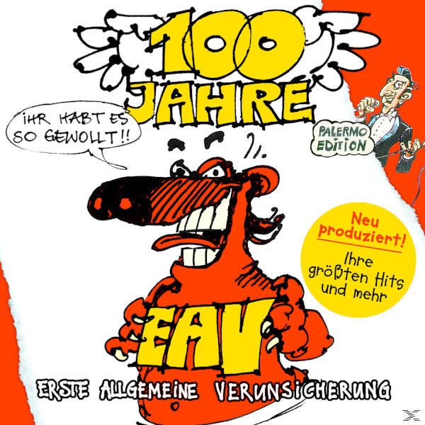 Albumcover. Cartoon-Bär mit Text: 100 Jahre EAV. Andere Charaktere und Text in farbenfrohem Design.