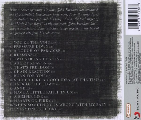 Album-Rückseite, Titelliste, Text über John Farnham, schwarzer Text und ein Barcode.
