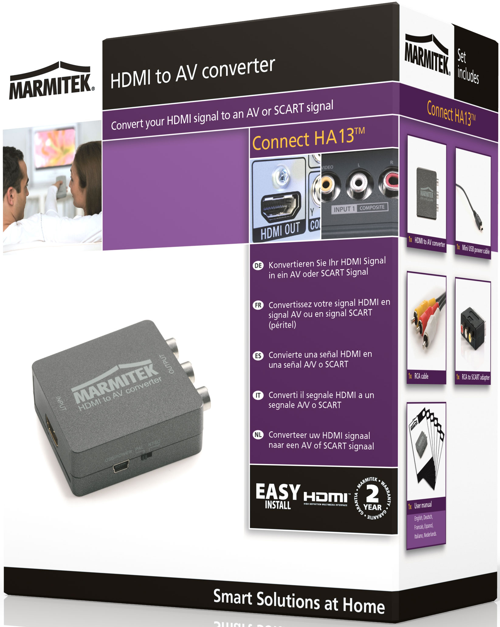 Boîte : Convertisseur HDMI vers AV avec connecteurs et instructions, et deux personnes regardant la TV en arrière-plan.