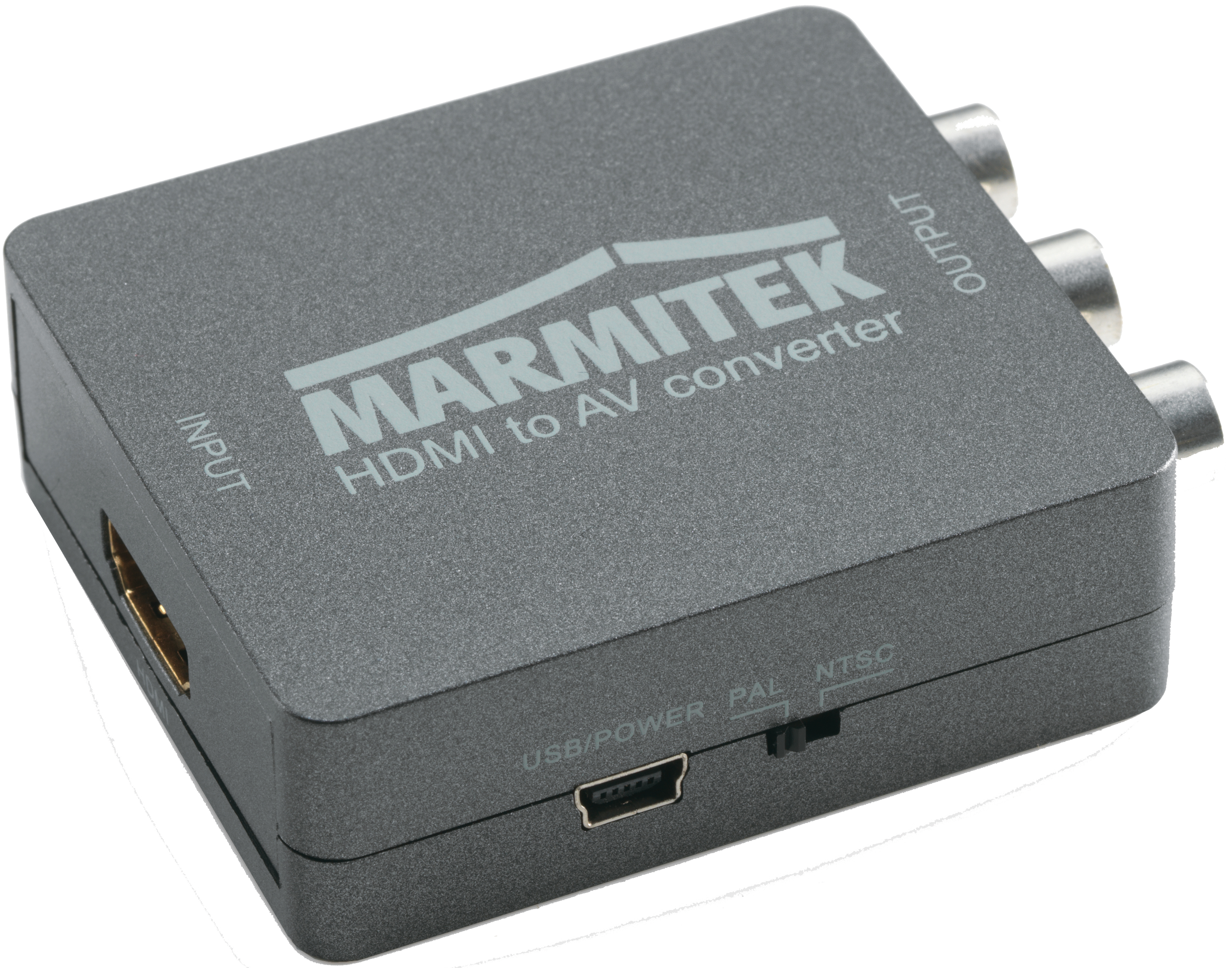 Boîtier convertisseur HDMI vers AV gris. Logo 'Marmitek'. Ports d'entrée et de sortie.