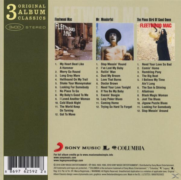 Albumcover mit Titellisten von Fleetwood Mac, Mr. Wonderful und The Pious Bird of Good Omen.