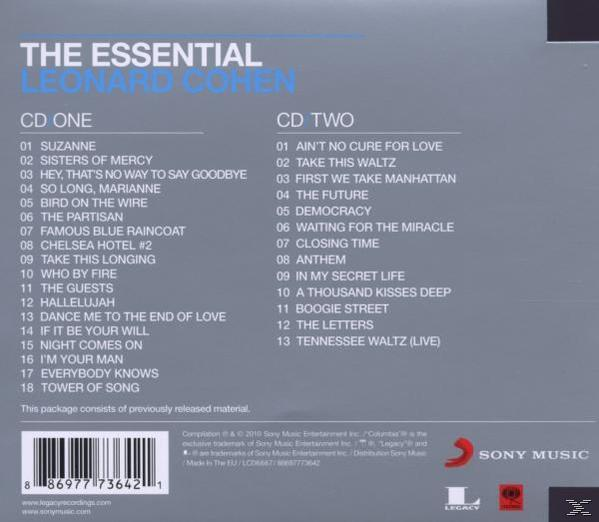 Albumcover: The Essential Leonard Cohen, mit Titellisten auf CD 1 & 2.