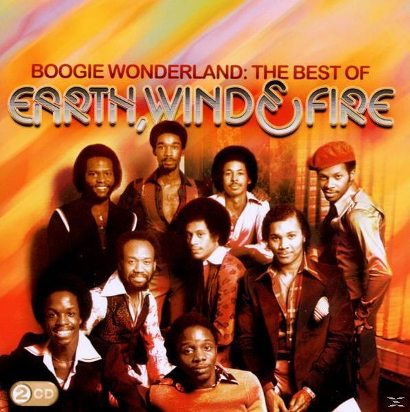 Albumcover: Männergruppe, 'Earth, Wind & Fire', Titel. Orange-gelber Hintergrund.