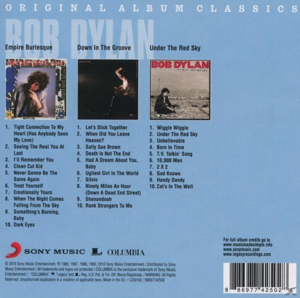Albumcover mit drei Albumcovern und Text. Enthält Bob Dylan.