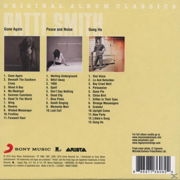 Albumcover: Patti Smith, Gone Again, Peace and Noise und Gung Ho. Die Titellisten werden angezeigt.