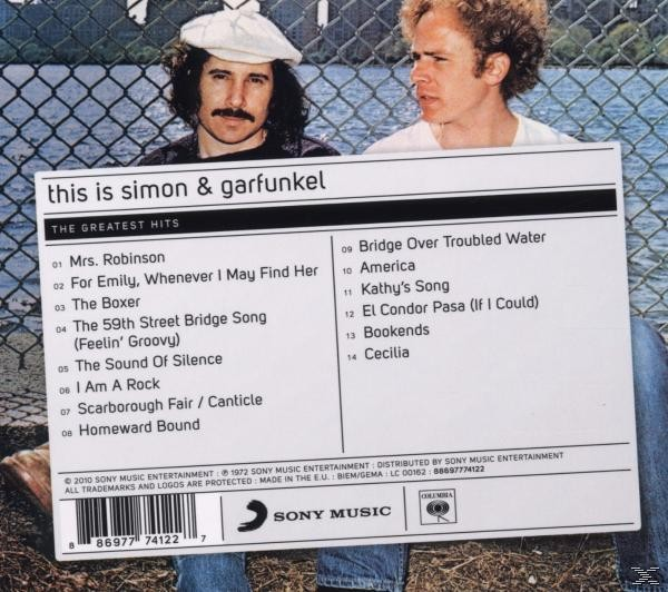 Albumcover: Simon & Garfunkel, 'The Greatest Hits'. Enthält Bandmitglieder, Titelliste und Sony Music-Logo.