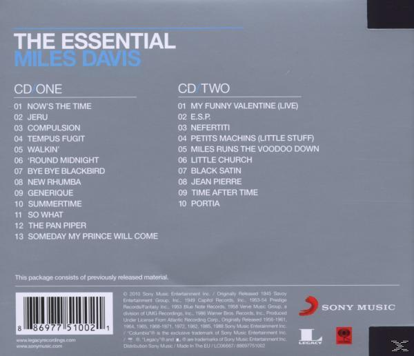 Rückseite eines CD-Covers mit der Titelliste von 'The Essential Miles Davis'. Schwarz-Weiß-Design.