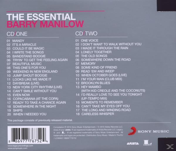 CD-Cover von "The Essential Barry Manilow" mit Titellisten auf der linken und rechten Seite.