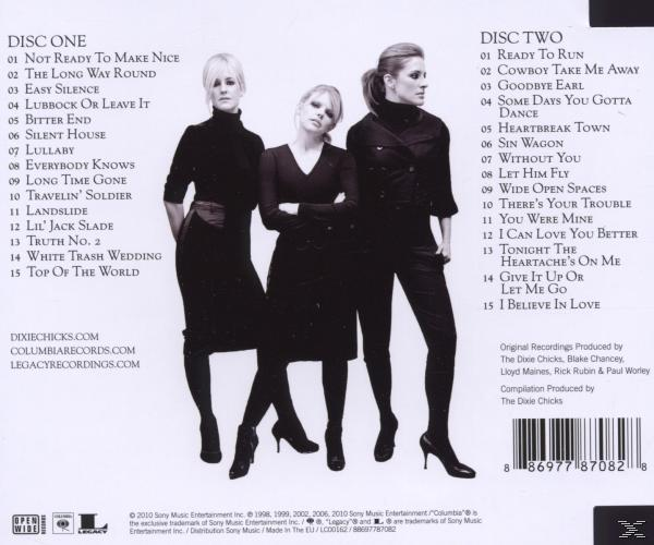 CD-Rückseite: Dixie Chicks Album, mit Titelliste und Band posiert in schwarzen Outfits auf weißem Hintergrund.