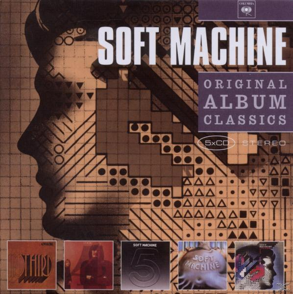 Album borító: Soft Machine, egy profil sziluett és geometriai formák, alatta 5 kisebb album borítóval.