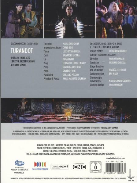 DVD-Rückseite mit Informationen über die Oper Turandot, Besetzung und Credits. Text ist in mehreren Sprachen.
