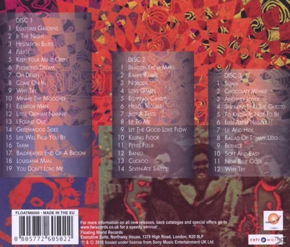 Rückseite einer CD-Hülle mit Titellisten für drei Discs, Logos sowie Künstler- und Titelinformationen.