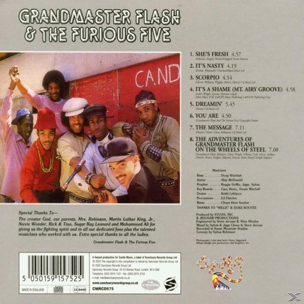 Albumcover von Grandmaster Flash & The Furious Five, mit Bandmitgliedern und Trackliste.