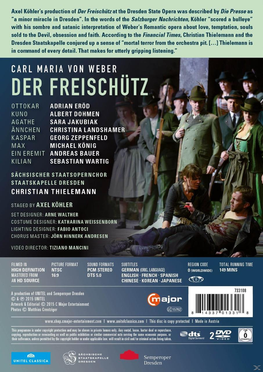 Rückseite einer DVD-Hülle mit Text über die Oper Der Freischütz, einschließlich Credits und Darstellern.