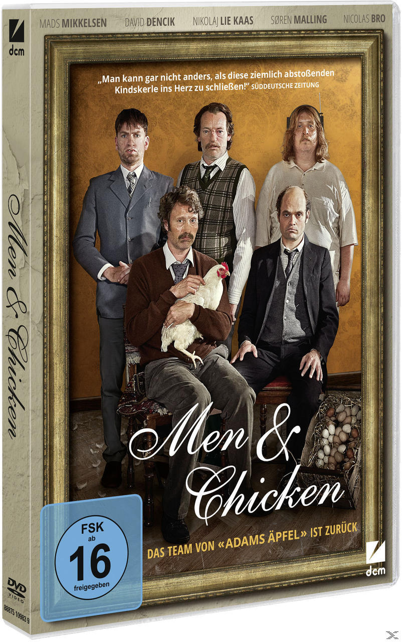 DVD-Cover des Films 'Men & Chicken'. Zeigt eine Gruppe von Männern mit einem Huhn.