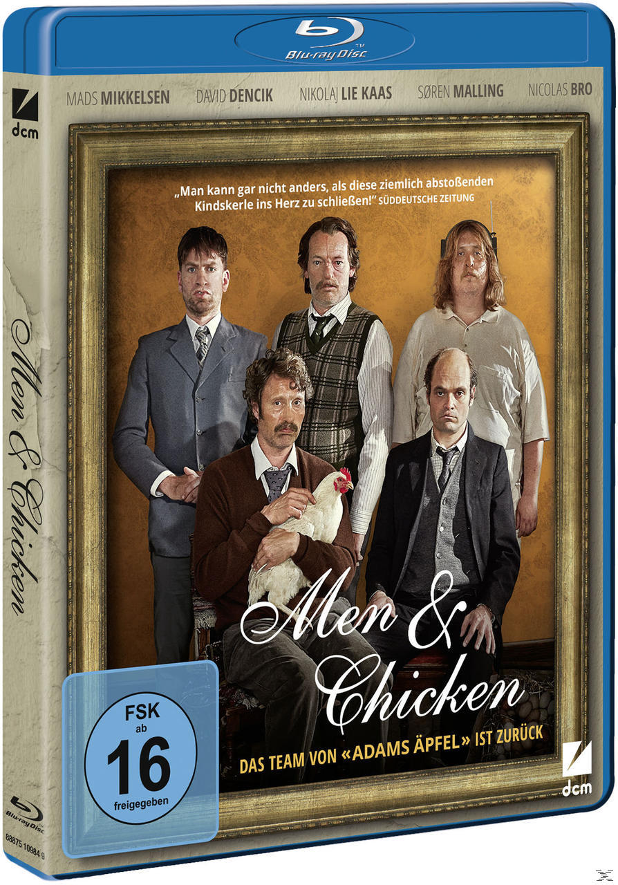 Blu-ray-Cover mit fünf Männern, einer hält ein Huhn. Text: Men & Chicken.