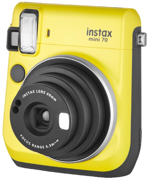Fujifilm Instax Mini 70 amarilla camara instantanea iso 800 0.37x 60 mm 112.7 flash modo autorretrato temporizador macro canario pantalla lcd selfie canary yellow obturación 12 1400 2 cr2dl 62x46mm 70. 62 46mm