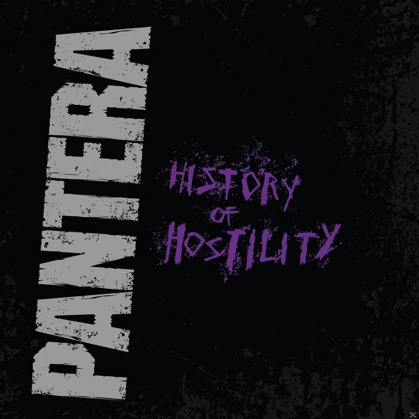 Album borító: PANTERA logó, History of Hostility szöveg lila színnel, fekete, textúrált háttéren.