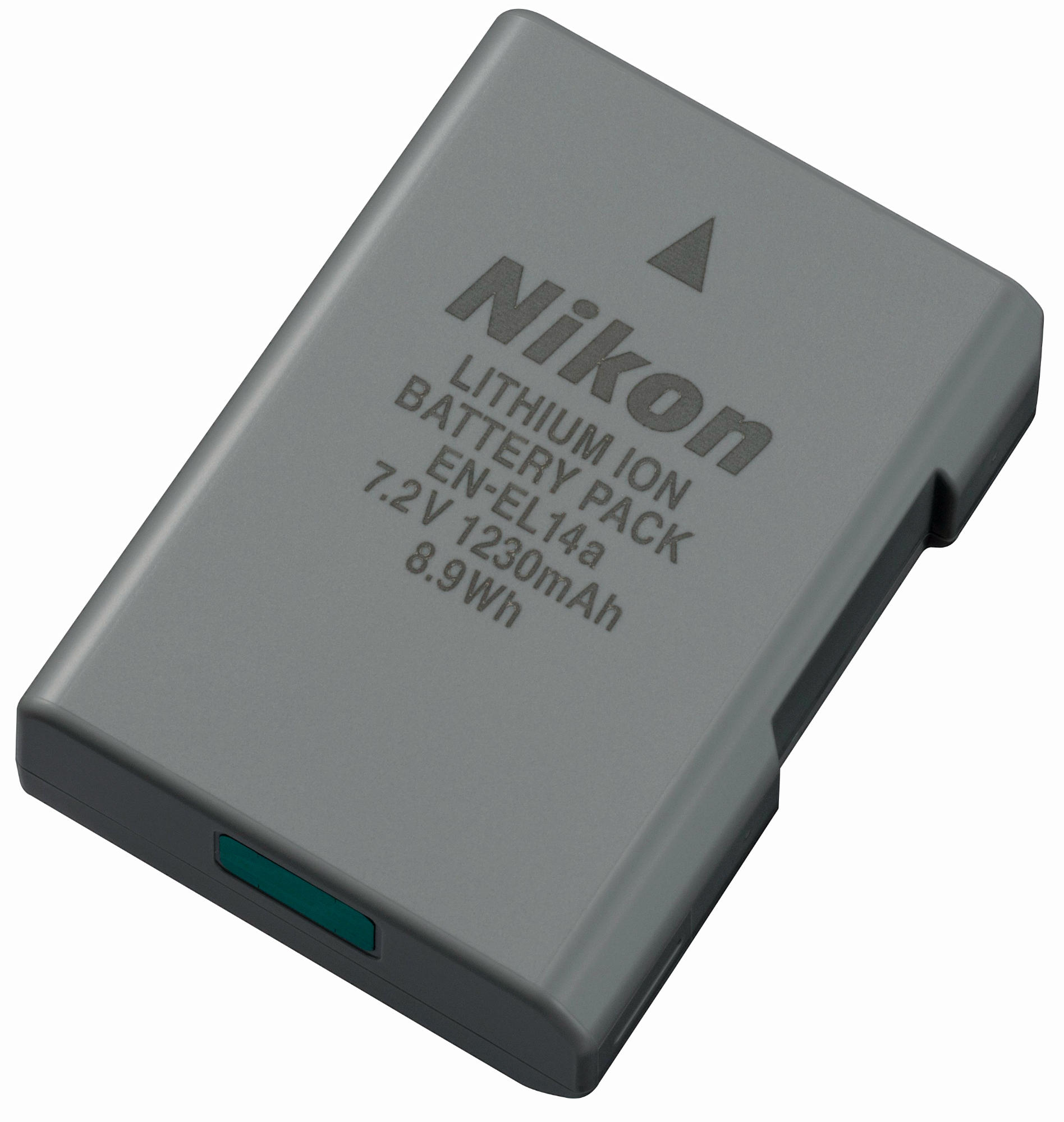 Un pacco batteria agli ioni di litio Nikon grigio. Testo sopra, con il logo Nikon.