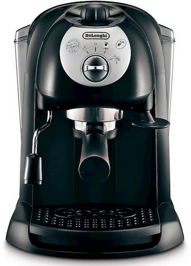 Machine à expresso De'Longhi noire avec base noire et accents argentés.