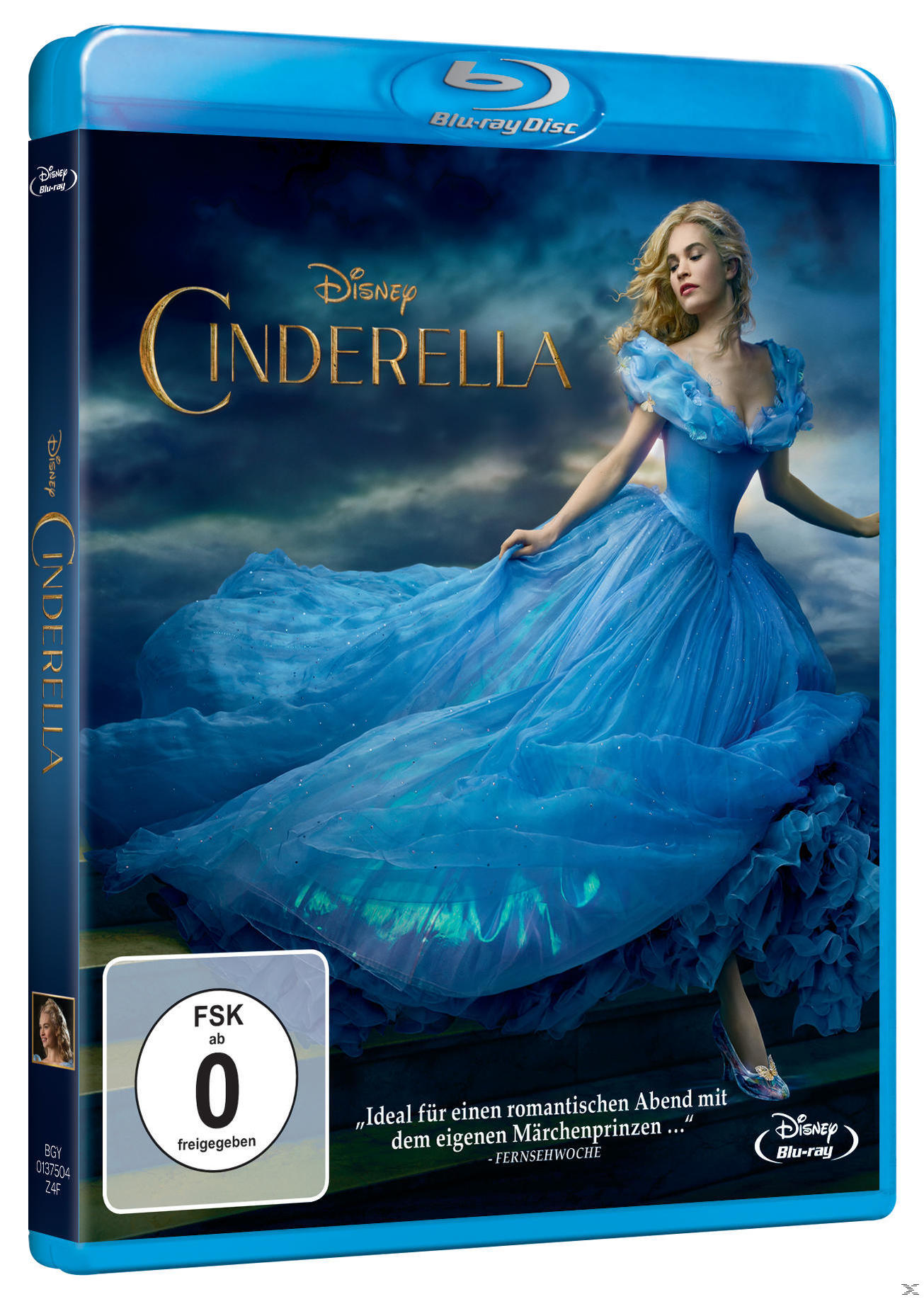 Blu-ray-Disc-Cover von Cinderella. Eine Frau in einem blauen Kleid steht auf einer Treppe.