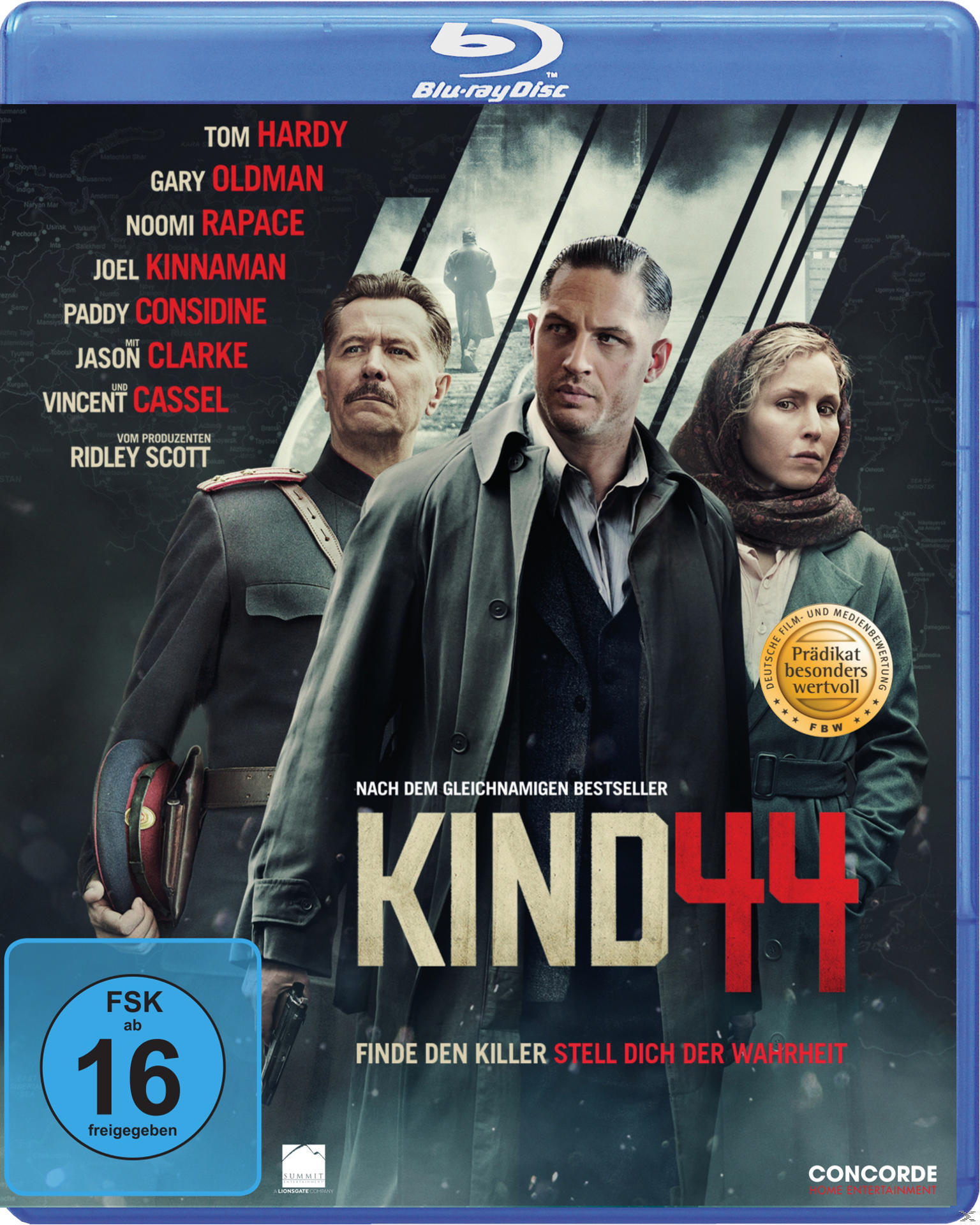 Blu-ray-Disc-Cover für den Film 'Kind 44' mit Tom Hardy, Gary Oldman und Noomi Rapace. Titel auf dem Cover.