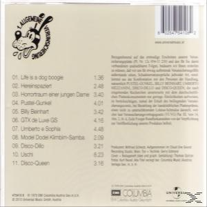 Albumcover mit Text und einem Cartoon-Hunde-Gesicht. Songtitel sind links gelistet.
