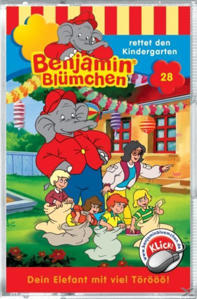 Benjamin Blümchen Cartoon-Cover. Ein Elefant, Kinder und eine Frau vor einem Haus.