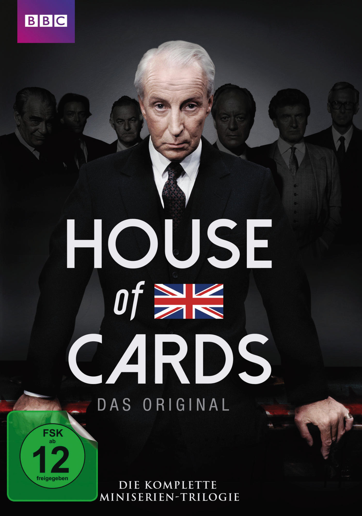 Filmplakat: Mann im Anzug, Titel "House of Cards", UK-Flagge. FSK 12 Logo.