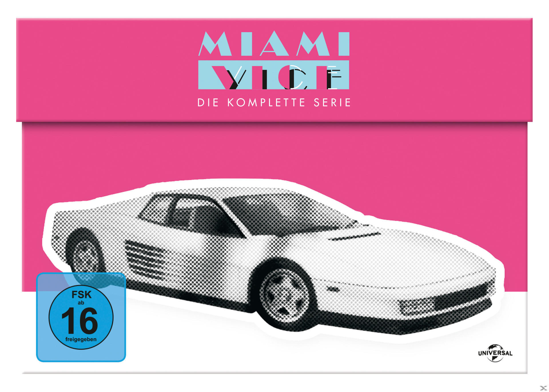 DVD-Hülle mit weißem Auto auf pinkem Hintergrund und dem Titel 'Miami Vice'.
