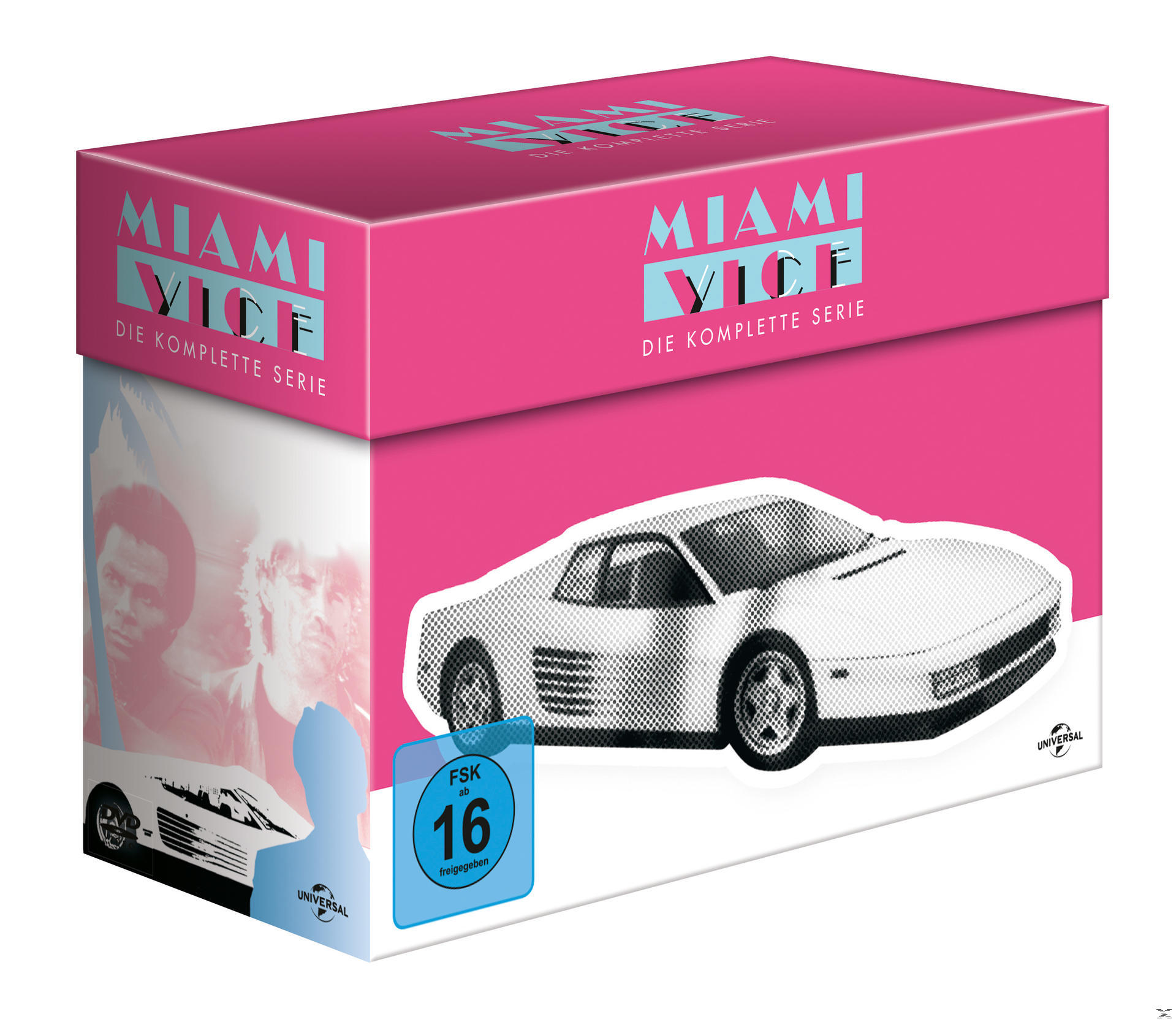Box-Set von Miami Vice, rosa und weiß. Auf der Seite befindet sich ein weißes Auto. Die Box hat den Titel der Show.