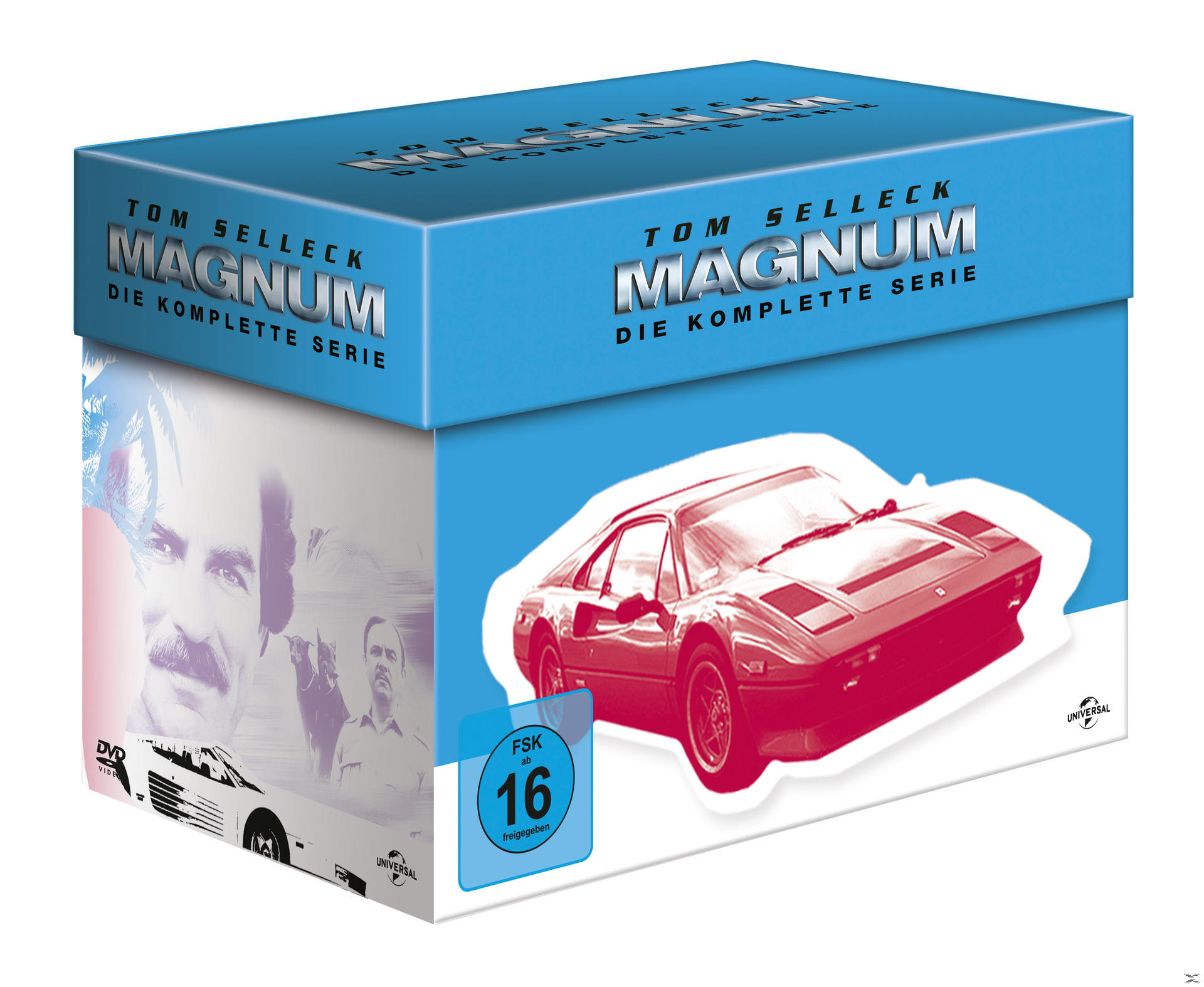 DVD-Box-Set von Magnum P.I. mit Tom Selleck und einem roten Ferrari.