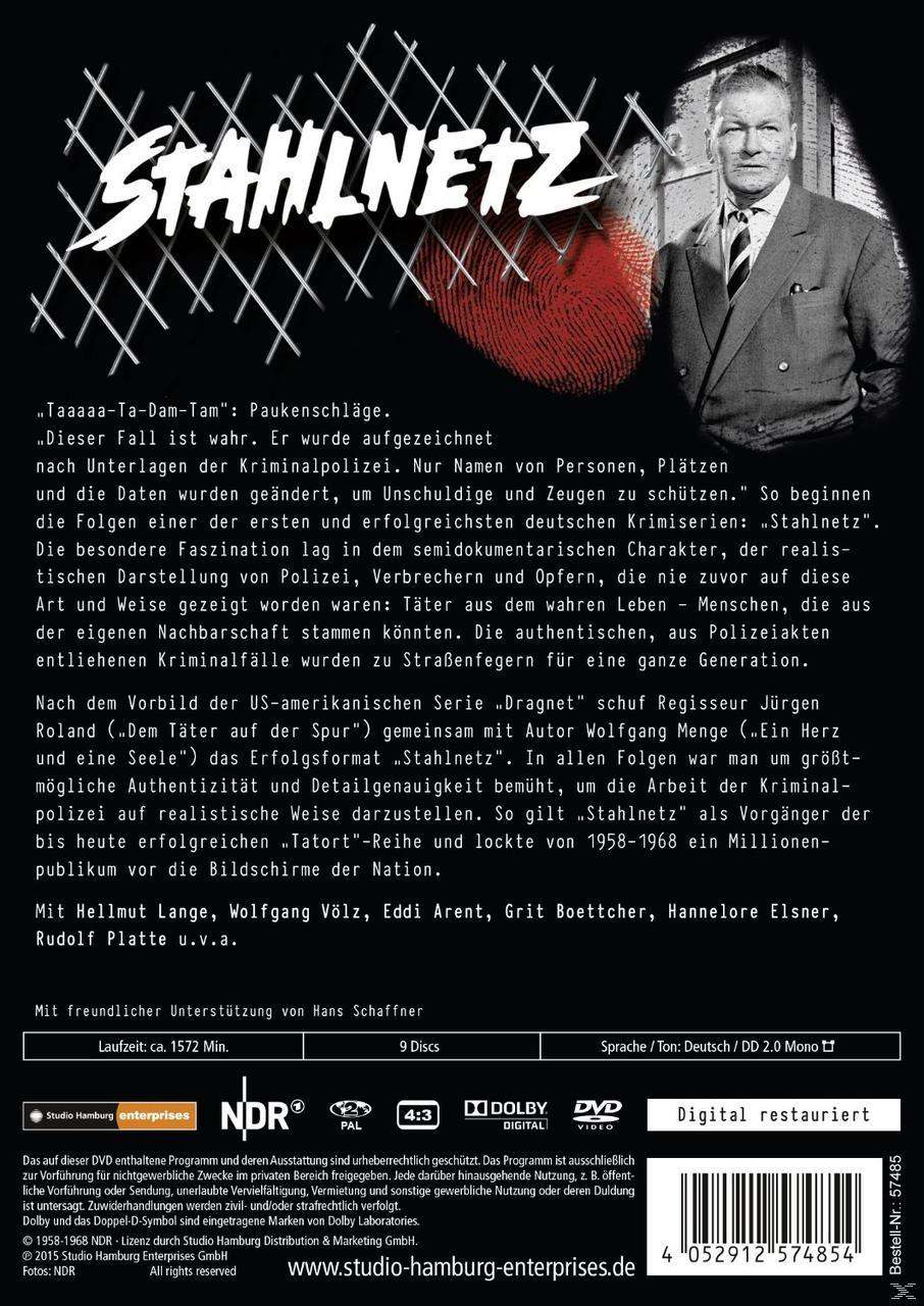 DVD-Cover mit Text 'Stahlnetz'. Mann im Anzug mit ernstem Gesicht. Elemente des Tatorts.
