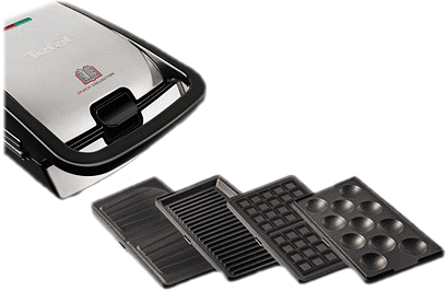 Ezüst-fekete Tefal készülék cserélhető lapokkal, gofri- és grill opciókkal, fehér felületen.
