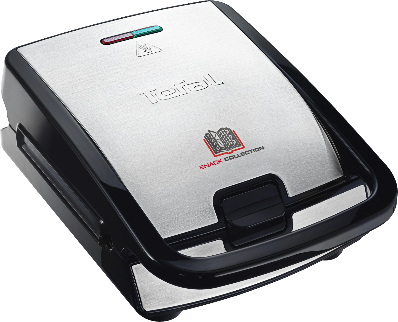 Egy fekete-ezüst Tefal Snack Collection gofrisütő, nyitva, vezérlőfényekkel.