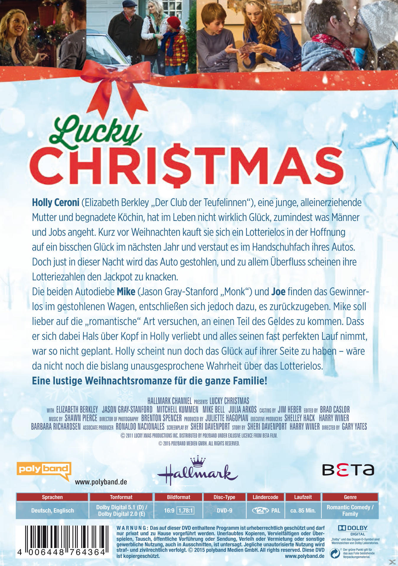 DVD-Cover. Eine Weihnachtsszene mit roter Schleife oben. Text beschreibt die Handlung.