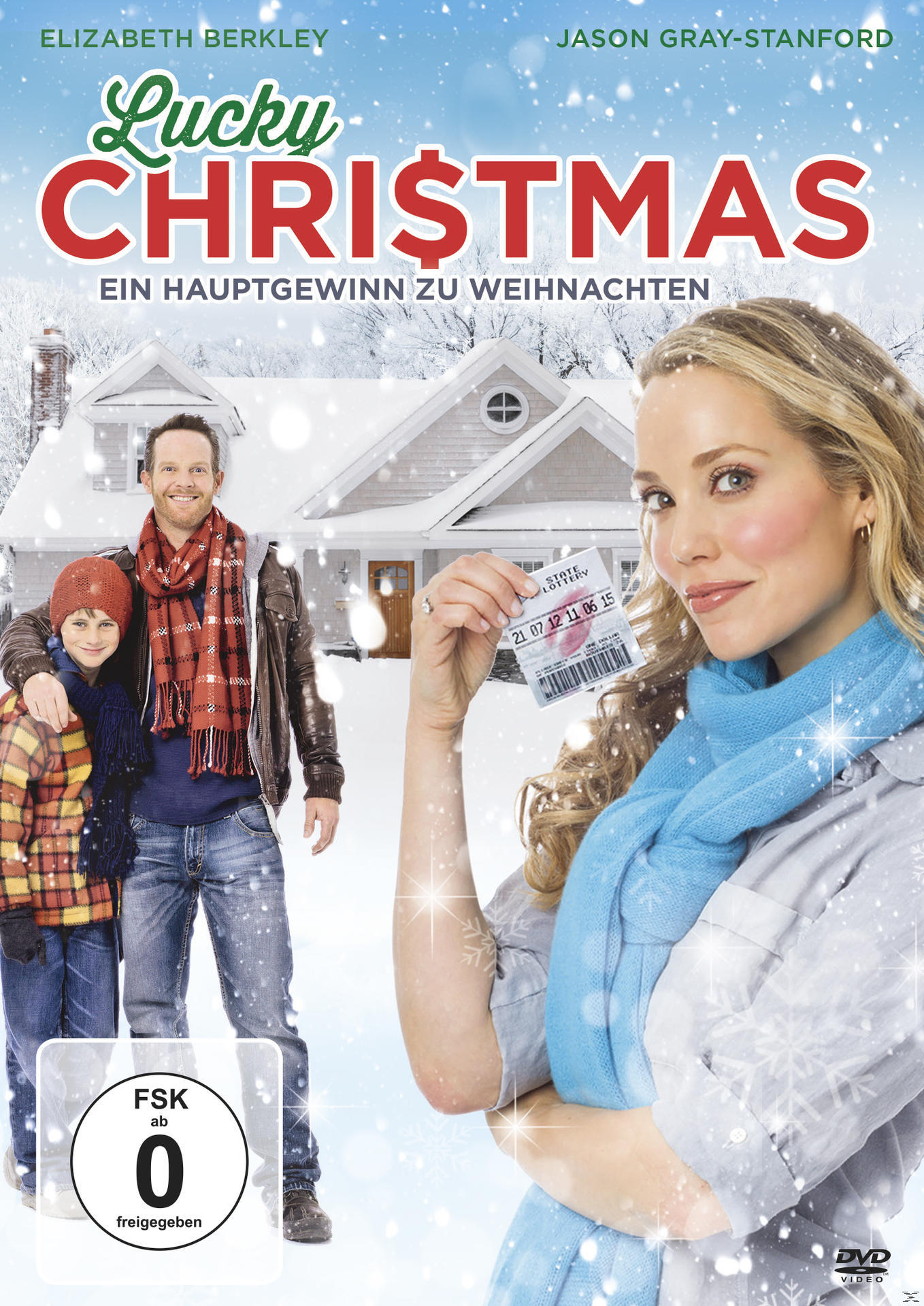 Filmcover von 'Lucky Christmas'. Eine Familie steht vor einem verschneiten Haus.
