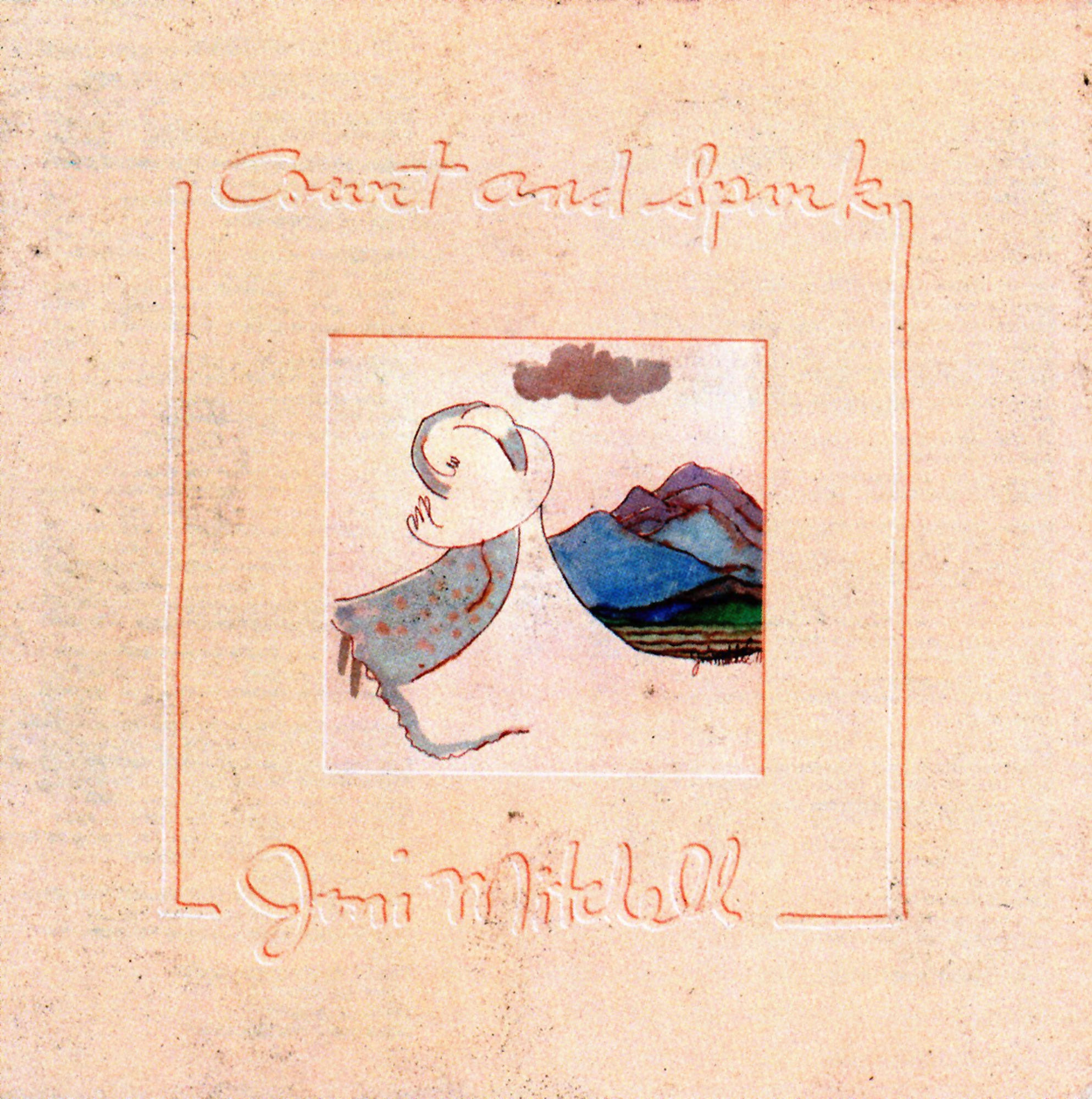 Albumcover-Art. Eine Zeichnung einer Person mit Hut, mit Berglandschaft und einer Wolke.