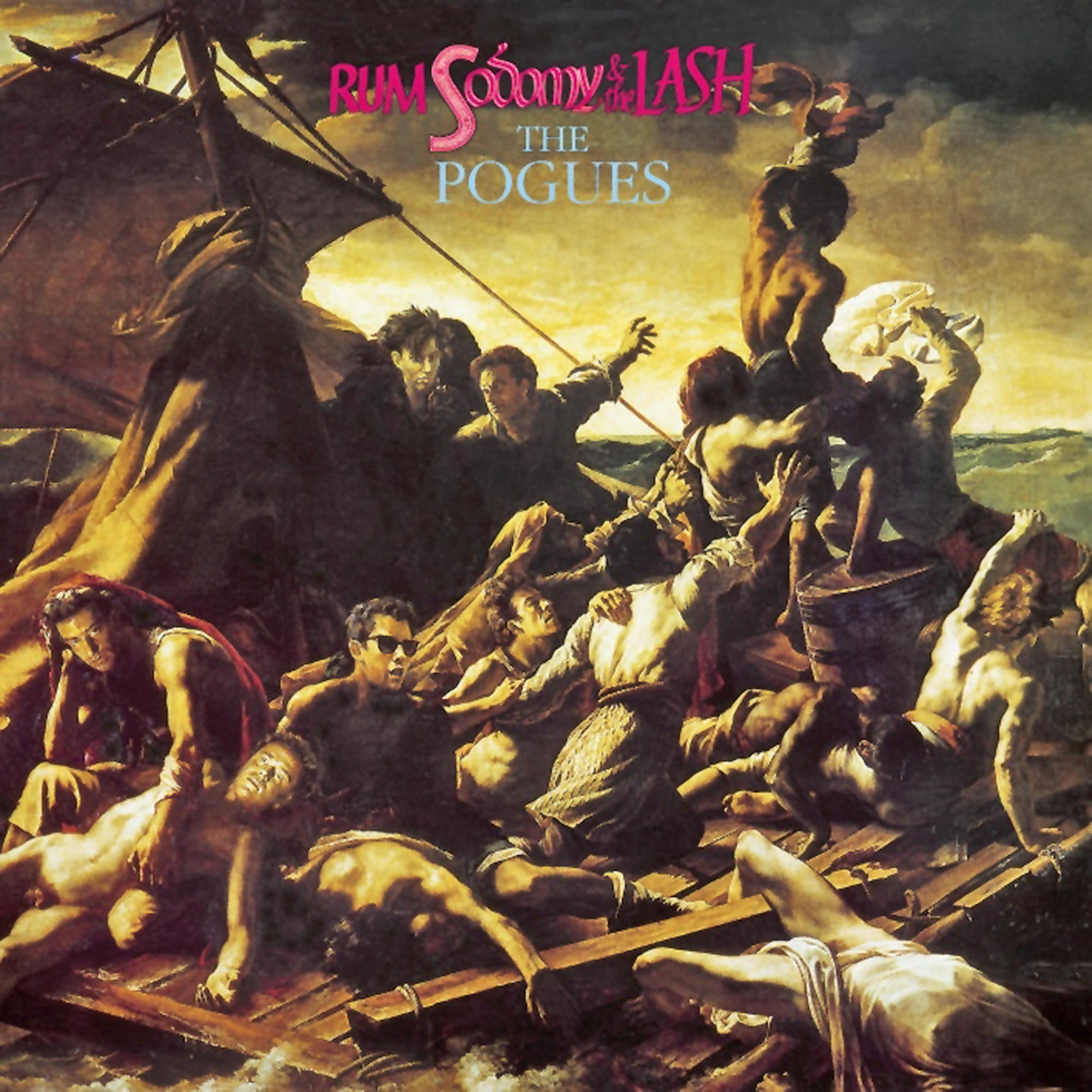 Albumcover: Figuren auf einem Schiff in einem Sturm, mit Text 'Rum Sodomy & the Lash' und 'The Pogues'.